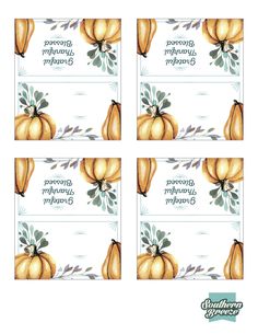 four pumpkins with leaves on them and the words happy thanksgiving written in white lettering