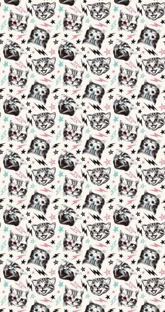 an abstract pattern with cats and stars on it's face, in black and white