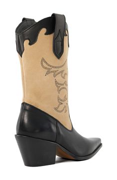 Add a bit of Western attitude to any look with this two-tone boot shaped from smooth leather and grounded by a block heel. 2 1/2" heel Inset side-zip closure Leather upper/synthetic lining and sole Made in Spain Western Style Low Heeled Leather Boots, Western Leather Mid-calf Boots With Block Heel, Western Black Calf Leather Heeled Boots, Leather Mid-calf Boots With Stacked Heel And Snip Toe, Western Leather Boots With Block Heel, Leather Boots With Contrasting Low Heel, Two Tone Boots, Western Boots Women, Western Boot