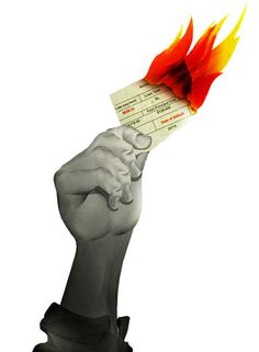 a hand holding up a burning ticket in the air with flames coming out of it