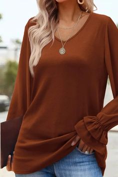 Brown V-Neck Casual Regular Fit Long Sleeves T-Shirt Casual Solid Color T-shirt For Fall, Trendy Stretch T-shirt For Fall, Trendy Stretch Fall T-shirt, Solid Color Crew Neck T-shirt For Fall, Fall Relaxed Fit T-shirt, Casual V-neck Tops For Fall, Trendy V-neck T-shirt For Fall, Solid Crew Neck T-shirt For Fall, Solid V-neck Top For Fall