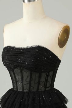 Corset Cute Tiered Sparkly Black Homecoming Dress With Ruffles Black Strapless Corset With Ruffles, Black Cocktail Corset With Lined Bodice, Black Evening Corset With Fitted Bodice, Black Fitted Bodice Corset For Evening, Black Corset Dress With Lined Bodice For Formal Occasions, Black Corset With Boned Bodice For Gala, Black Boned Bodice Corset For Gala, Black Cocktail Corset Dress With Lined Bodice, Fitted Black Corset Dress For Gala