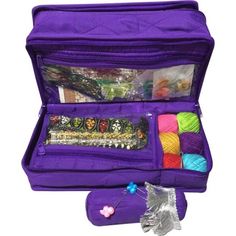 an open purple bag filled with lots of items