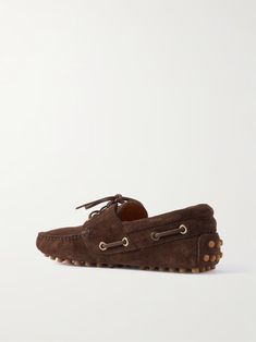 TOD'S Gommino leather-trimmed suede loafers | NET-A-PORTER Boat Fashion, Classic Boat, Classic Boats, Tailored Shorts, Suede Loafers, Soft Suede, Leather And Lace, Net A Porter, Moccasins