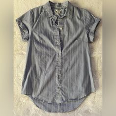 Brand New Button-Up Top With White And Blue Pinstripe. Business Casual. Casual Pinstripe Tops With Button Closure, Everyday Striped Buttoned Tops, Striped Tops With Buttons, Everyday Striped Tops With Buttons, Striped Button-up Tops, Denim Shirt With Jeans, Leopard Print Shirt, Women's Button Down Shirt, Popover Shirt