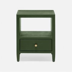 a green nightstand with two drawers on the bottom and one drawer open, in front of a white background