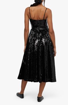 Sparkling sequins bring instant glamour to a square-neck midi dress cut in a charming fit-and-flare silhouette. Hidden back-zip closure Square neck Adjustable straps 94% polyester, 6% Lycra® spandex Dry clean Imported Flare Midi Dress, Sequin Midi Dress, Knit Outerwear, Concert Looks, Sweaters And Leggings, Dress Cuts, Comfortable Dress, Black Sequins, Sequin Dress