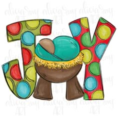 the word joy with a baby jesus in it's manger surrounded by colorful circles