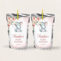 two baby shower bags with an elephant on the front and back, both in pink