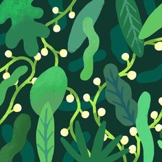 an illustration of green plants and leaves on a black background with white dots in the center