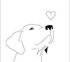 a black and white drawing of a dog with a heart on it's nose