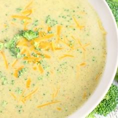 broccoli and cheese soup in a white bowl