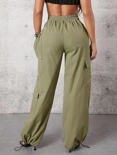 Elevate your casual style with these Solid Color Flap Pocket Drawstring Hem Cargo Pants. Crafted from high-quality woven fabric, they offer a regular fit and a flattering high waistline. The drawstring hem adds a touch of versatility to these long-length pants. Details: Style: Casual Pattern Type: Plain Type: Cargo Pants Waist Line: High Waist Length: Long Fit Type: Regular Fit Fabric: Non-Stretch Material: Woven Fabric Composition: 100% Polyester Care Instructions: Machine wash or professional High Waist Solid Color Sweatpants With Drawstring, High Waist Sweatpants With Drawstring, High-waisted Cotton Sweatpants With Drawstring, High-waist Sweatpants With Drawstring, High-waisted Cotton Drawstring Bottoms, Cotton High-waisted Sweatpants With Drawstring, Khaki Drawstring Bottoms For Spring, Khaki Bottoms With Drawstring For Spring, Baggy Green Bottoms With Drawstring