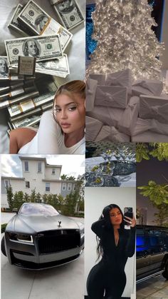 a collage of photos including a car, money and a woman in front of a house