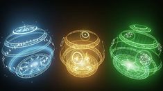 three different colored lights in the shape of round objects on a black background with white and green lines