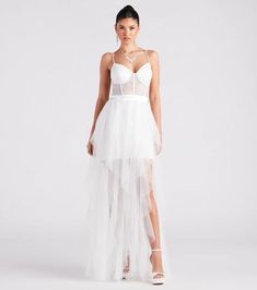 Dial up your inner bombshell in the ravishing Ashlie formal dress to make a dramatic entrance as a sexy bride or a black-tie gala guest! She features a sleeveless sweetheart neck, adjustable spaghetti straps, a sheer lace corset bodice, short skirt lining, sassy sheer mesh ruffled overlay and a high side slit design. Bachelorette Las Vegas, Corset Ruffle Dress, Long Hoco Dresses, Wedding Lace Dress, Short Skater Dress, Flowy Dress Long, Mermaid Style Dress, Prom Dress Shoes, Bride Bachelorette