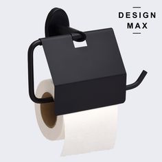 a black toilet paper holder is shown with the design max logo on it's side