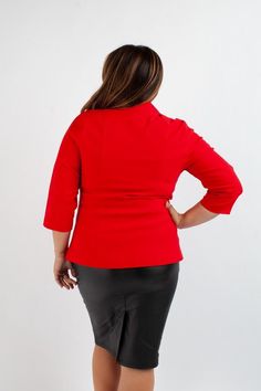 3/4 Sleeve Millennium Plus Size Blazer in solid Red Collared, single-breasted jacket with 2 buttons Materials: 74% rayon, 22% nylon 4% spandex Great for office wear, business, or business casual Pair with the Abstract Black & White Jumpsuit and red or black heels for a stylish brunch look with the girls. The faux leather, Millennium Pencil Skirt is also available. Red Blazer For Office Wear In Fall, Stretch Blazer With Notch Lapel For Office Wear, Red Fall Office Wear Blazer, Stretch Notch Lapel Blazer For Office, Stretch Blazer For Business Casual, Chic Red Blazer For Business Casual, Red Office Blazer With Button Closure, Fitted Red Blazer For Office Wear, Tailored Red Blazer For Office Wear