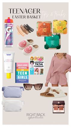 a woman in pink shirt and sunglasses next to items from her travel bag with text overlay