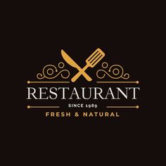 a restaurant logo with a knife and fork on the black background, for fresh and natural food