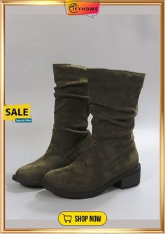 Plus Size Faux Suede Slip On Slouchy Boots Medium Width Slip-on Boots With Suede Lining, Brown Textured Sole Slip-on Boots, Medium Width Suede Slip-on Boots, Brown Suede Ankle-high Waterproof Boots, Knee-high Suede Boots With Zipper Closure, Slouchy Boots, Slip On Boots, Army Green, Faux Suede