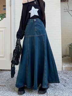 Trendy Full Length Skirt For Spring, Trendy Full-length Skirt For Fall, Trendy Full Length Skirt For Fall, Trendy Long Skirt For Winter, Non-stretch Full Length Fall Skirt, Trendy Flared Skirt With Pockets, Winter Blue Skirt With Pockets, Full-length Flowy Skirt With Pockets, Flowy Full-length Skirt With Pockets