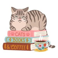 a cat sitting on top of books with a cup of coffee