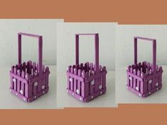 three pictures of purple plastic containers with holes in the front and bottom, one is filled with toothbrushes