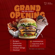 Grand opening flyer design for a food brand/Food stall Food Selling Poster Design, Grand Opening Banner Design, Food Flyer Design Ideas, Burger Flyer Design, Shawarma Burger, Grand Opening Design, Opening Flyer Design, Grand Opening Poster, Burger Flyer