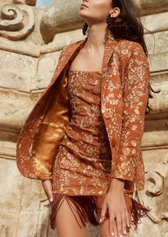 Mary Embroidered Blazer in Copper | Over The Moon Lurex Embroidery, Lace Fancy, Embroidered Blazer, Tomboy Look, Formal Look, Bohemian Lifestyle, Blazer Designs, Fringe Dress, Fashion Night