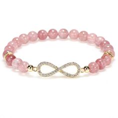 Strawberry Quartz Crystal Infinity Symbol Bracelet - Ganesha's Market Strawberry Crystal, Zircon Bracelet, Lucky Bracelet, Beads Bracelet Design, Chakra Bracelet, Strawberry Quartz, Beaded Bracelets Diy, Crystal Charm, Healing Bracelets