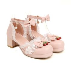 LBSFY - Women Fashion Sweet Bowknot Lolita Shoes Block Heels Strawberry Ankle Strap Platform Lace Ruffles Maid Mary Jane Pumps Size 45 Product Photos Strawberry Shoes, Shoes Block Heels, Casual Pumps, Mary Jane Pumps, Girls Sweet, Strap Pumps, Mary Jane Heels, Lace Ruffle, Harajuku Fashion