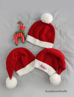 Perfect Santa Hats for Christmas Season PLEASE let me know if you want multiply quantity, via message, and ill change it before you place your order. THANK YOU! Color: red and white Style: beanie (short), hat (long) + PERSONALIZATION! Size: nb-adult Made with acrylic yarn. PLEASE MAKE SURE YOU CHOOSE "hat +NAME" option Otherwise your hat will be shipped with no personalization! If you want personalization on your hat, please make sure you choose the style with "+ NAME".  I have a separate listin Knit Santa Hat, Baby Santa Hat, Elf Hats, Christmas Baby Pictures, Baby Santa, Christmas Toddler, Christmas Beanie, Style Beanie, Santa Doll