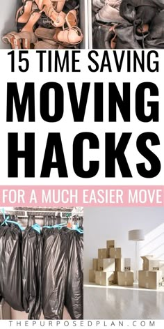 the words 15 time saving moving hacks for a much easier move are shown in black and