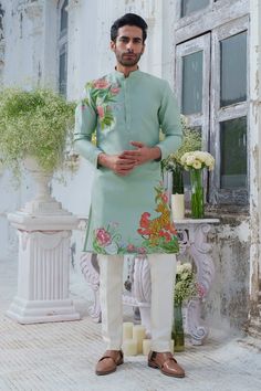 Green full sleeves kurta with wild blossom hand painted detailing. Paired with an ivory trouser. - Aza Fashions Hand Paint Kurta For Men, Painted Kurta For Men, Painting On Kurta For Men, Hand Painted Kurta For Men, Floral Kurta For Men, Kalamkari Kurta, Kurta Designs Men's, Organza Kurta, Trouser For Men