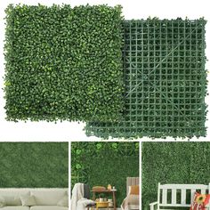 two panels of artificial grass are shown in three different views, one is green and the other has white furniture