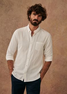 Linen Charlie Shirt - White - Linen - Octobre Éditions Everyday Linen Shirt With Placket, Long Sleeve Shirt With Patch Pockets For Summer, Long Sleeve Summer Shirt With Patch Pockets, Summer Long Sleeve Shirt With Patch Pockets, Linen Button-up Shirt With Welt Pockets, Long Sleeve Shirt With Welt Pockets For Summer, Summer Long Sleeve Shirt With Welt Pockets, Classic Linen Shirt With Patch Pockets, Classic Linen Shirt With Pockets