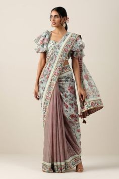 Mint, maroon, pink half and half saree with stripe, floral print and bead work on border. Paired with flared sleeve blouse. - Aza Fashions Bohemian Pre-draped Saree With Unstitched Blouse For Wedding, Fitted Traditional Wear With Printed Motifs For Reception, Fitted Reception Blouse With Printed Motifs, Fitted Blouse With Printed Motifs For Reception, Fitted Pre-draped Saree With Printed Motifs For Reception, Bohemian Pre-draped Wedding Saree, Fitted Pre-draped Saree With Printed Motifs For Navratri, Pre-draped Cotton Silk Saree With Printed Motifs, Bohemian Georgette Blouse With Pallu