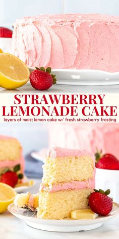 strawberry lemonade cake on a white plate with strawberries and lemons in the background