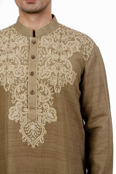 Brown dupion silk kurta with kantha hand embroidery. Comes with churidar. - Aza Fashions Brown Traditional Wear With Zari Work For Ceremonies, Unstitched Silk Thread Kurta For Festivals, Ceremonial Embroidered Churidar For Festivals, Multicolor Embroidered Sherwani For Festivals, Embroidered Ceremonial Churidar For Festivals, Festive Brown Traditional Wear With Resham Embroidery, Festive Traditional Brown Traditional Wear, Festive Brown Traditional Wear, Chanderi Kurta With Intricate Embroidery For Festivals