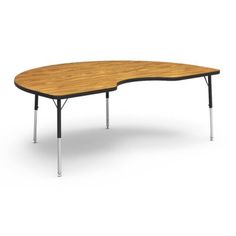 an oval shaped wooden table with metal legs