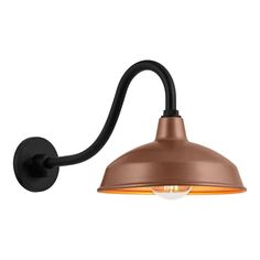 an industrial style wall light with a black metal arm and orange glass shade on the side