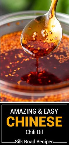 a spoon full of chili sauce with the words crispy chinese on it and an image of