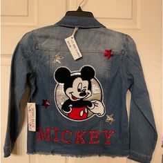 New / Handmade & Machine Sewed On Sequins-Embroidery Mickey Mouse Patch With Red Rhinestone Blackbase Letters. This Would Make Great Present.Jacket Is Perfect For Mickey Mouse Lovers And Great To Wear On A Disney Vacation. Cotton Mickey Mouse Long Sleeve Outerwear, Fall Mickey Mouse Cotton Outerwear, Casual Long Sleeve Mickey Mouse Outerwear, Mickey Mouse Themed Birthday Party, Jacket For Boys, Girls Denim Jacket, Diy Jacket, Toddler Jeans, Disney Vacation