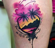 a woman's thigh with a watercolor painting on it and palm trees in the background