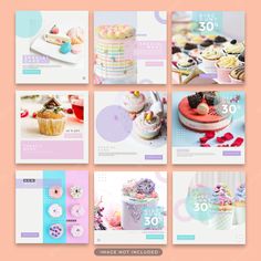 a set of nine postcards with different cakes and cupcakes on them, all in pastel colors