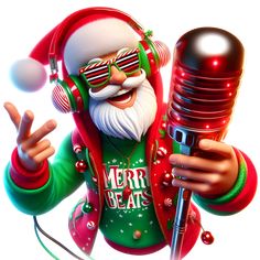 a cartoon santa clause holding a microphone and wearing headphones, giving the peace sign