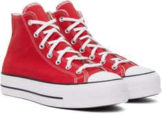 High-top canvas sneakers in red. · Rubber cap toe · Lace-up closure · Logo bonded at inner side · Eyelets vents at inner side · Rubberized logo patch at heel counter · Padded insole · Padded mesh lining · Textured platform midsole · Treaded rubber sole · Contrast stitching in white · Platform: H1.5 Supplier color: Red/White/Black Casual Red High-top Sneakers With Vulcanized Sole, Red Cotton Canvas Shoes With Rubber Sole, Red Cotton Sneakers With Rubber Sole, Sporty Red High-top Sneakers With Rubber Toe Cap, Red High-top Sneakers With Rubber Toe Cap, Casual Red Cotton Sneakers, Red Canvas Sneakers With Vulcanized Sole, High-top University Red Sneakers With Vulcanized Sole, Sporty Red Canvas Shoes With Vulcanized Sole