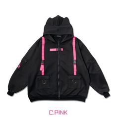 Walk The Neon-Lit Streets In These Uzurai Cyberpunk Tech Oversized Black Pink Jacket From Acdc Rag. This Futuristic Rave Hood Features A Slick Solid Black Color Polyester Base, Neon Pink Tech Strap With Side Release Bucket Detail, Dual Front Pockets, Tech Pockets On The Sleeves, Large Hood With Cat Ears, Ribbed Knit On Cuffs And Hem Line, And Secure Plastic Zipper Closure. This Acdc Rag Uzurai Cyberpunk Tech Oversized Black Pink Jacket Came Straight From The Streets Of Harajuku, Japan. If You Lo Oversized Harajuku Outerwear For Streetwear, Black Harajuku Outerwear With Pockets, Harajuku Style Black Outerwear With Pockets, Harajuku Style Winter Streetwear Outerwear, Harajuku Style Winter Outerwear For Streetwear, Winter Harajuku Style Streetwear Outerwear, Harajuku Style Black Spring Outerwear, Black Harajuku Style Outerwear For Spring, Harajuku Long Sleeve Streetwear Outerwear