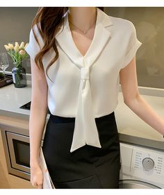 Kukombo Summer New Korean Style Trendy Streamer V-Neck Shirt Tie Colla Shirt Dress Pattern, Color Blouse, Tie Collar, Shirt Tie, Chiffon Material, Linen Blouse, Shirt For Women, Office Lady, Office Ladies